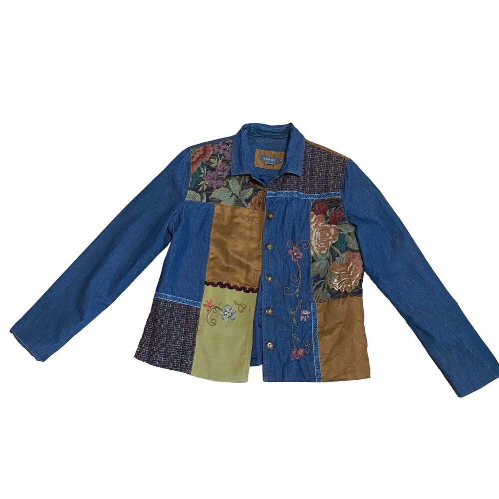 Koret Women’s Blue Denim Tapestry Embroidered Patchwork Mixed Media Jacket Small